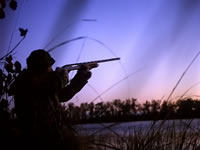 Man pointing gun into sky at sunrise