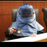 Judge wearing a biohazard suit