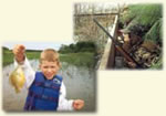 Picture of a boy holding up a fish overlaid on an image of a hunter sitting with his shotgun looking out of a blind.