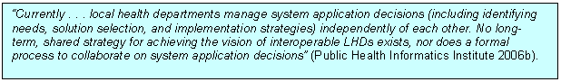 Text Box: “Currently . . . local health departments manage system application decisions (including identifying needs, solution selection, and implementation strategies) independently of each other. No long-term, shared strategy for achieving the vision of interoperable LHDs exists, nor does a formal process to collaborate on system application decisions” (Public Health Informatics Institute 2006b).

