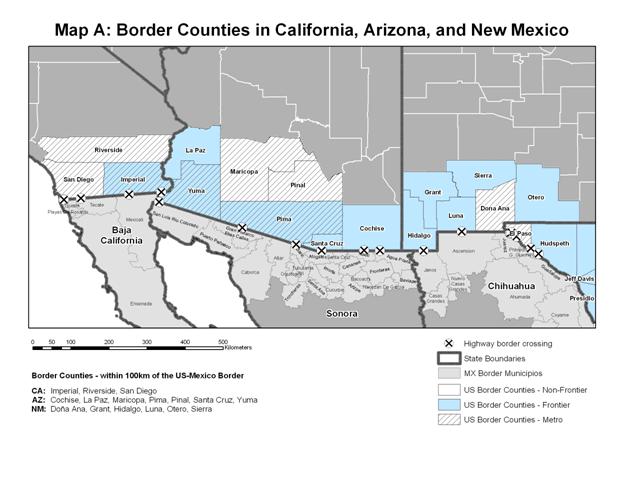 Map A: Border counties in California, Arizona, and New Mexico