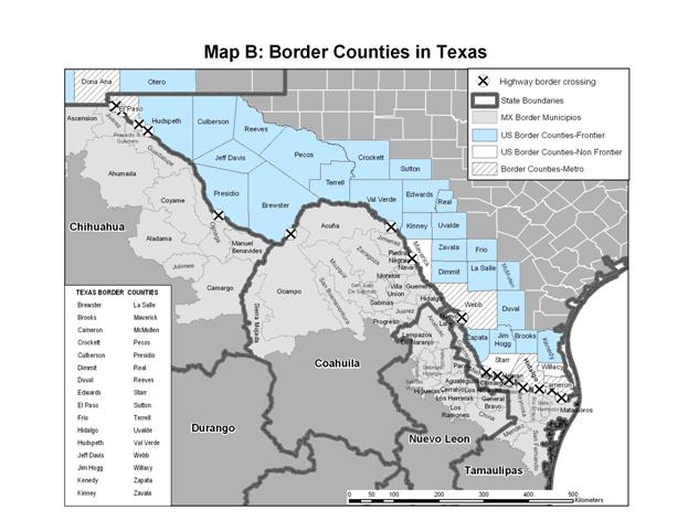 Map B: Border Counties in Texas