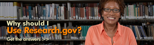 Why Should I Use Research.gov? Get the Answers> Woman standing in front of books