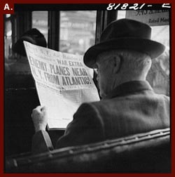 Reading War News Aboard Streetcar. San Francisco, California,? 1941