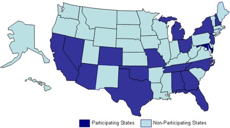 A map of the United States showing the 18 states participating in the E-Path Pilot Project, which include Alabama, Arizona, California, Colorado, Florida, Georgia, Michigan, Missouri, Nevada, New Hampshire, New Jersey, New York, North Carolina, Ohio, Oklahoma, Tennessee, Texas, and Virginia.