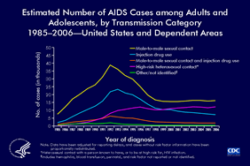 Slide 1: Estimated Number of AIDS Cases among Adults and Adolescents, by Transmission Category, 1985–2006—United States and Dependent Areas
The estimated number of AIDS cases diagnosed among injection drug users in the United States and dependent areas increased during 1985-1993, and decreased thereafter.  During 1993, an estimated 23,364 AIDS cases were diagnosed among injection drug users (IDUs).  In 2006, an estimated 7,153 AIDS cases were diagnosed among IDUs.  Among men who have sex with men and who also inject drugs, 6,300 received a diagnosis of AIDS in 1992. After 1992, a decreasing trend occurred in this group; in 2006, an estimated 1,844 men who have sex with men and who also inject drugs received a diagnosis of AIDS.
