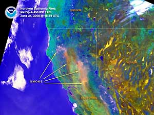 Satellite image of northern California fires on 24 June 2008