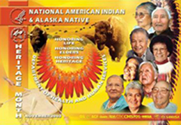 Logo graphic for the CDC Celebration of National American Indian Heritage Month.  Picture shows a collage of older American Indian people, Buffallo, Eagle feathers, a drum, set on a yellow background with red and orange text boxes. 