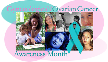 Gynecological/Ovarian Cancer Awareness Month. Teal ribbon. Collage of women.