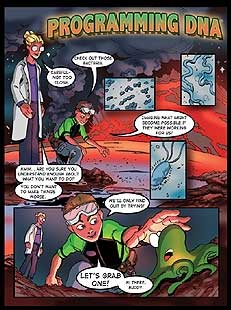 Cover image of Programming DNA comic strip. With the help of a Hollywood illustrator and others, Drew Endy created a comic book called Adventures in Synthetic Biology. He hopes to use it as a teaching tool. 
Credit: Drew Endy