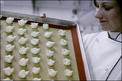 White House kitchen staff prepare tiny marshmallow Easter chick treats Thursday, April 5, 2007, for the annual White House Easter Egg Roll. White House photo by Shealah Craighead 