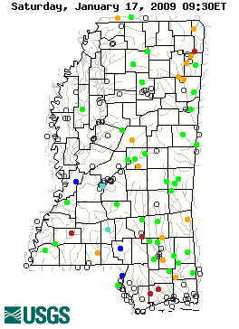 Current streamflow conditions in Mississippi; click to go to a live map.