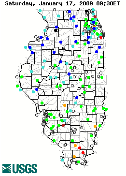Stream gage levels in Illinois, relative to 30 year average.