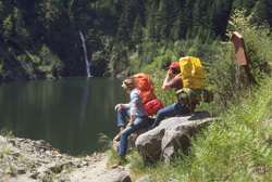 Hikers Taking a Rest Near Cougar Dam, Oregon