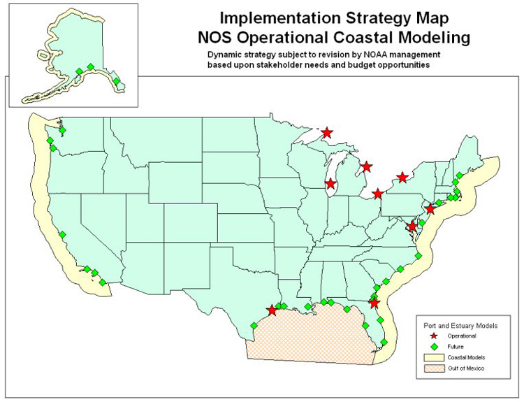 Map of U.S. showing coastal waters with Implementation Strategy Map for NOS Operational Coastal Modeling locations.  Operational and future sites are shown along the coastal areas of U.S. 