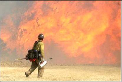 Firefighter Walking in Front of Flames