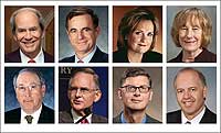 From left, top, trustee board chairman Richard G. Tilghman; trustees Thomas F. Farrell II, Judith A. McHale, Barbara Bowen Oberg, and, bottom row, Henry C. Wolf and Thomas K. Norment Jr.; vice presidents James Horn and Glenn Williams.