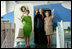 President George W. Bush, Laura Bush and Nancy Reagan wave after touring the plane that served as Air Force One for President Ronald Reagan and six other Presidents from 1973-2001at the Ronald Reagan Presidential Library in Simi Valley, California, Friday, Oct. 21, 2005.