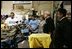 Laura Bush watches a silkscreen demonstration during a tour of Homeboy Industries in Los Angeles April 27, 2005.