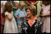 Mrs. Laura Bush talks to children during her visit to the United States Embassy Tuesday, June 10, 2008, in Kranj, Slovenia.