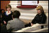 Mrs. Laura Bush and Mrs. Kateryna Yushchenko, wife of Ukraine President Viktor Yushchenko, participate in a tea with breast cancer advocates and survivors Tuesday, April 1, 2008, at the Diplomatic Academy in Kyiv.