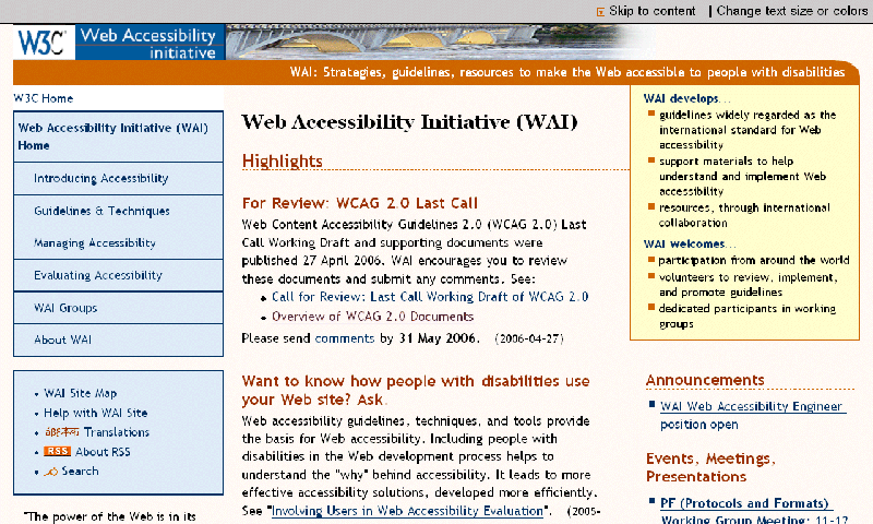 screen capture of www.w3.org/WAI/. main background color is pale orange ans most text is black. on the left is a box with a light blue background, a dark blue border, and dark blue text.