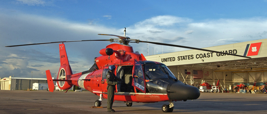 Air Station Houston helo in front of hanger