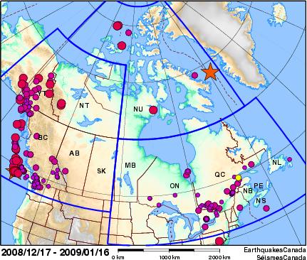 Map of recent earthquakes/blasts in Canada