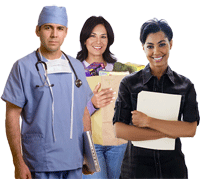 A man in doctor scrubs stands next to a woman holding groceries, she stands next to another woman dressed in professional business attire.