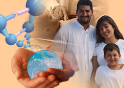 image of a doctor with a baby, a family, a dna strand emerging from a globe resting in a pair of hands