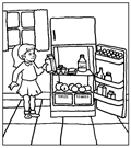 Link to larger image to print and color. Putting foods like milk, cold cuts and eggs in the refrigerator right away.