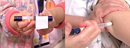 (Photograph of an insulin pen being injected into an arm)