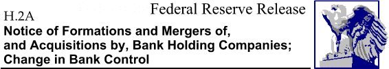 Federal Reserve Release, H.2A, Notice of Formations and Mergers of, and Acquisitions by, Bank Holding Companies; Change in Bank Control; title with eagle logo links to home page