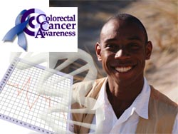 man, graph and dna and Colorectal Cancer Awareness logo
