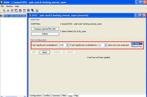 Figure 40. Screen Capture. SSAM Screen--Ttest Tab Modified Settings. This screen shows user-defined settings for the ttest configuration section of the ttest tab. The modified settings are 0.05 for t-test significant level; 0.1 for f test significant level; and unfiltered data for both case documents.