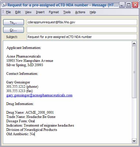 Sample of an email request for a pre-assigned eCTD NDA number