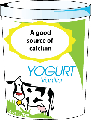 Drawing of a package of yogurt. At the top of the principal display panel, surrounded by a sunburst, is "A good source of calcium". The rest of the panel reads "Vanilla Yogurt. 6oz (170g)."