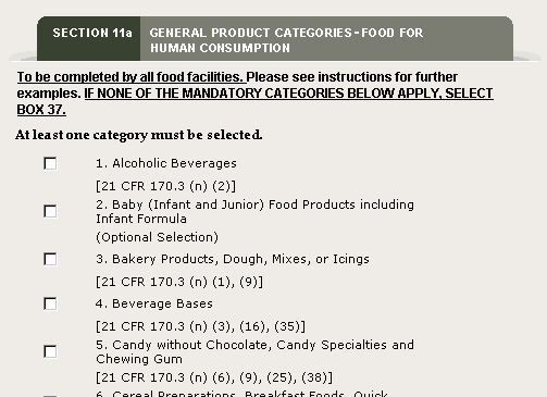 FFRM Sección 11a: Categorías Generales de Productos -- Alimentos para el Consumo Humano