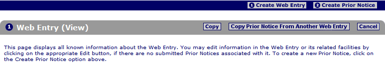 PNSI: The top of the Web Entry View) page. Create a New Prior Notice for this Web Entry