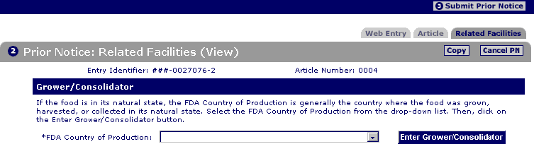 Prior Notice: Related Facilities (View) - the Producer section
