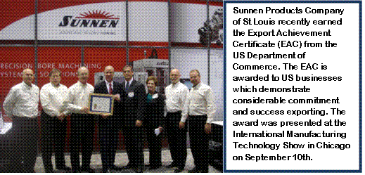 Sunnen Products Receives Export Achievement Certificate