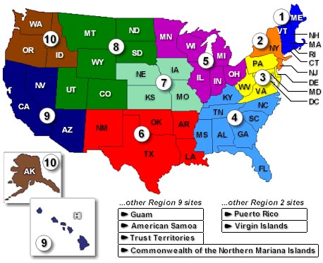 Map of United States showing the country divided into different regions