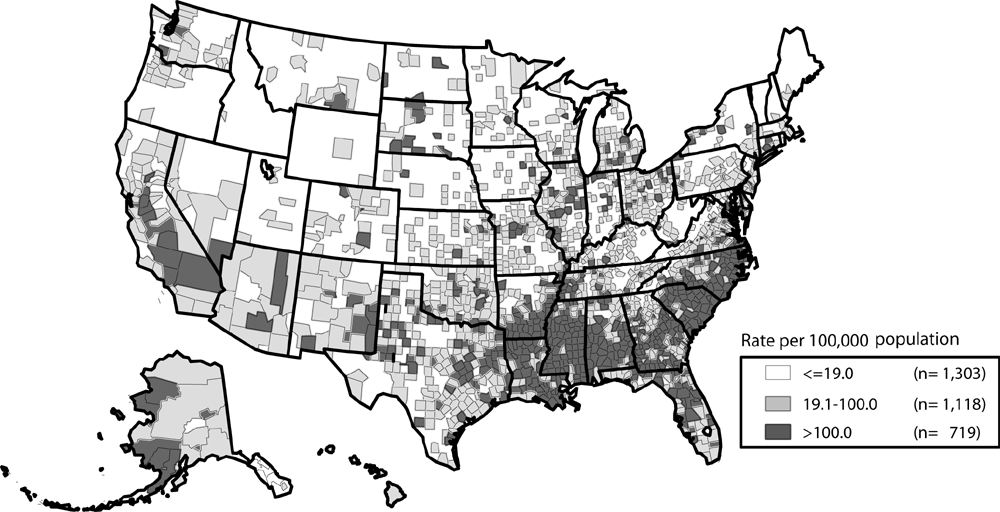 Gonorrhea — Rates by county: United States, 2005