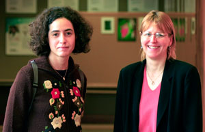 Sweasy, right, and the lecture’s host, Villada, are shown in the hall outside Rodbell Auditorium following the talk