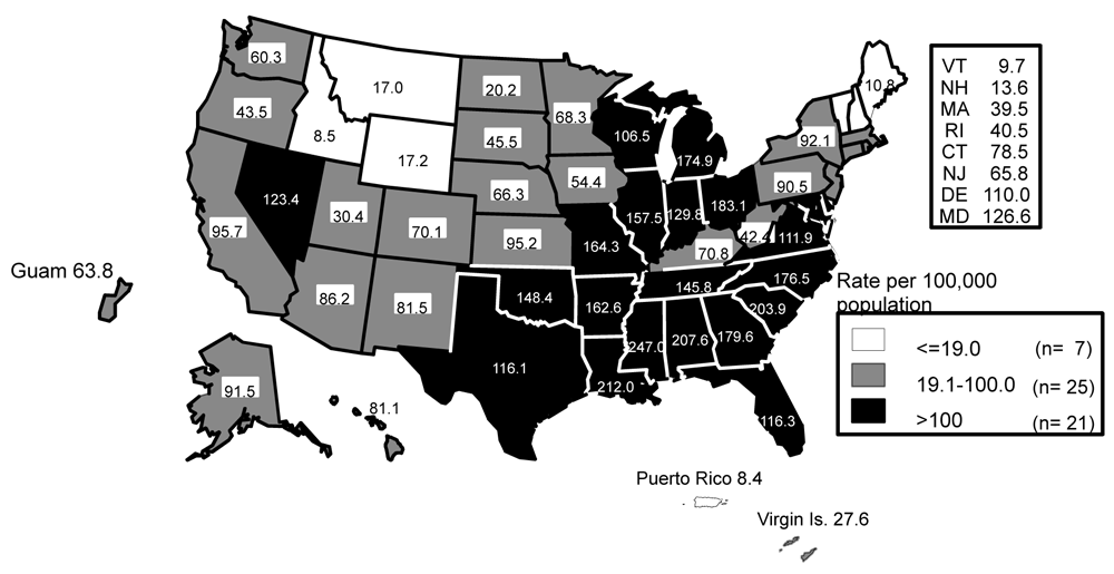 Gonorrhea — Rates by state: United States and outlying areas, 2005