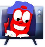 character with big smile and blue cap coming out of TV