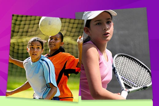 An image of two girls playing soccer and an image of a girl playing tennis