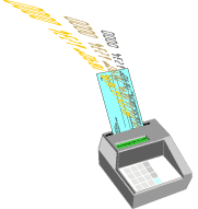 Ilustración de una máquina de cambio electrónico con el número que identifica la institución financiera entrando a un cheque colocado dentro de la máquina de cambio electrónico