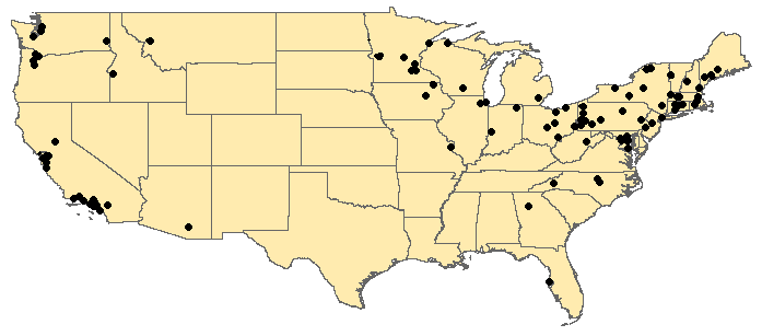 Map of farm to college program locations in the United States