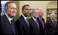 President George W. Bush meets with former Presidents George H.W. Bush, Bill Clinton and Jimmy Carter and President-elect Barack Obama Wednesday, Jan. 7, 2009 in the Oval Office of the White House.  White House photo by Joyce N. Boghosian